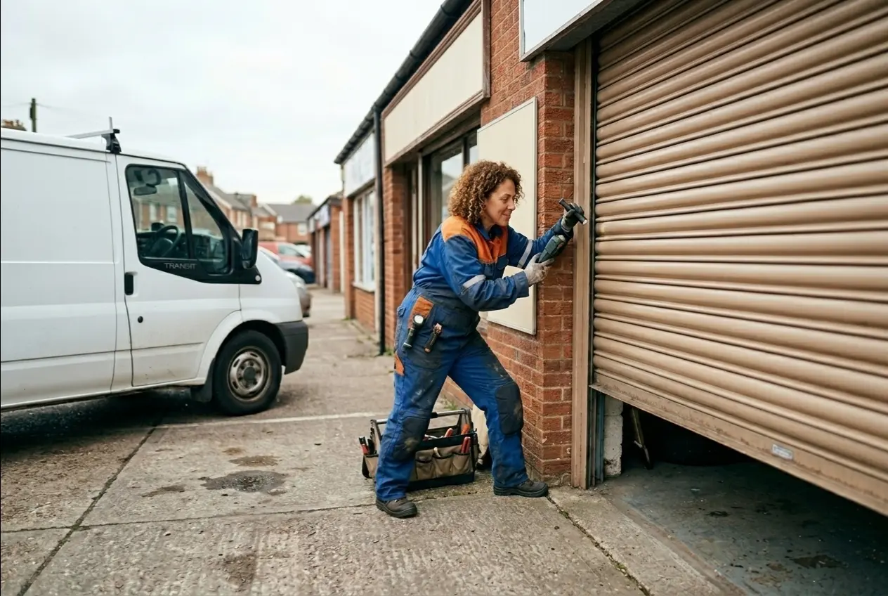 Technician performing garage door maintenance and safety check in York