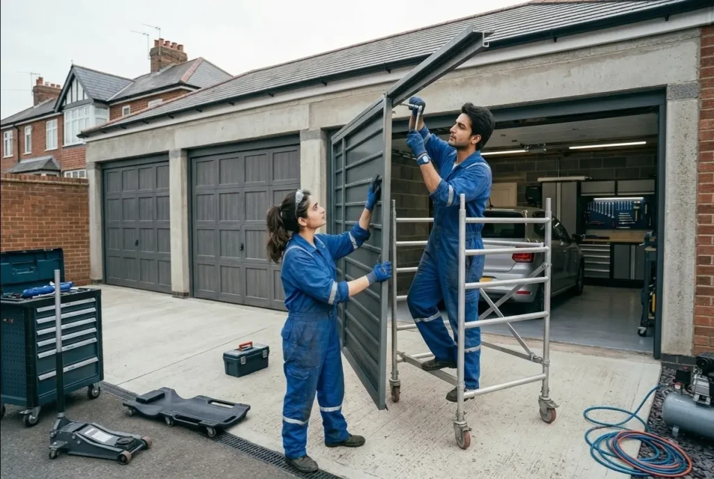 Old garage door being replaced with a new modern garage door in York